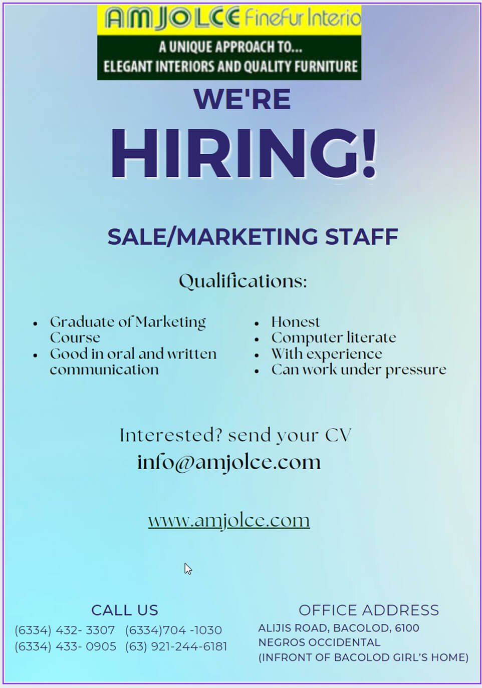 Amjolce Job Opening Sale/marketing staff
